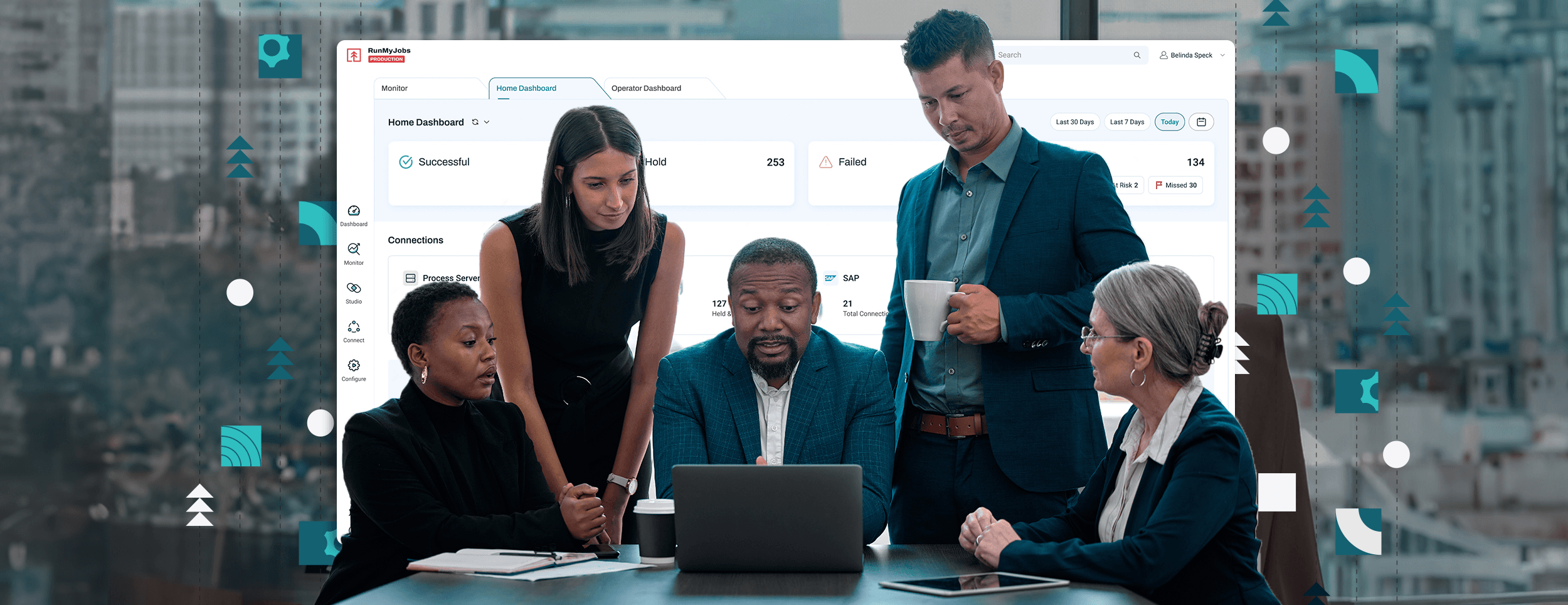 Operations dashboard screen with team behind it
