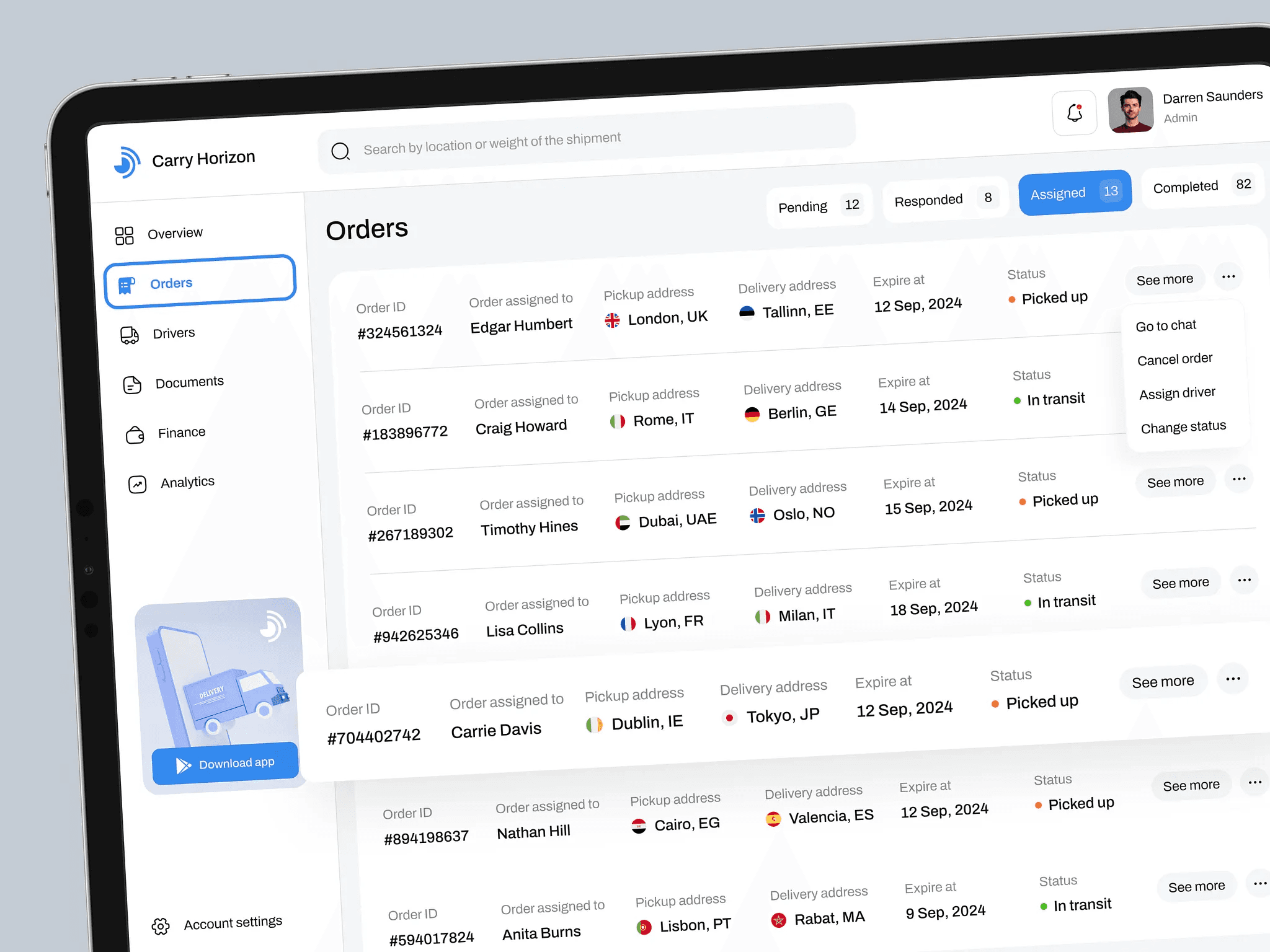 Olyxee Logistics orders dashboard