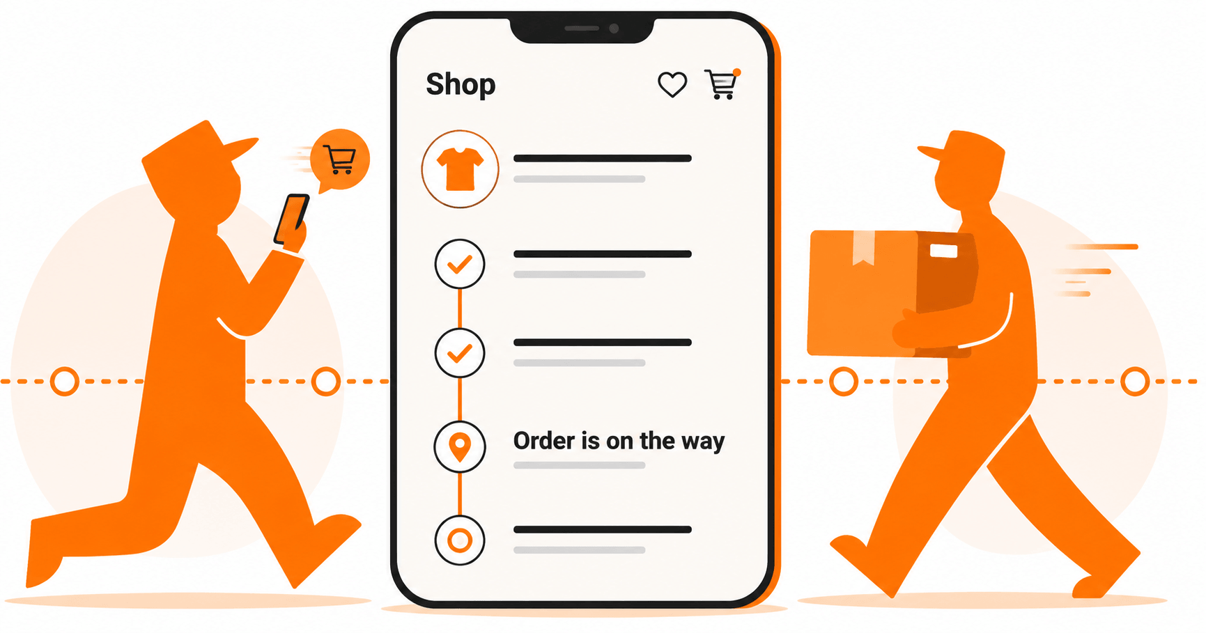 A shopper places an order on their phone while a courier delivers the package, with live order-status steps showing the order is on the way