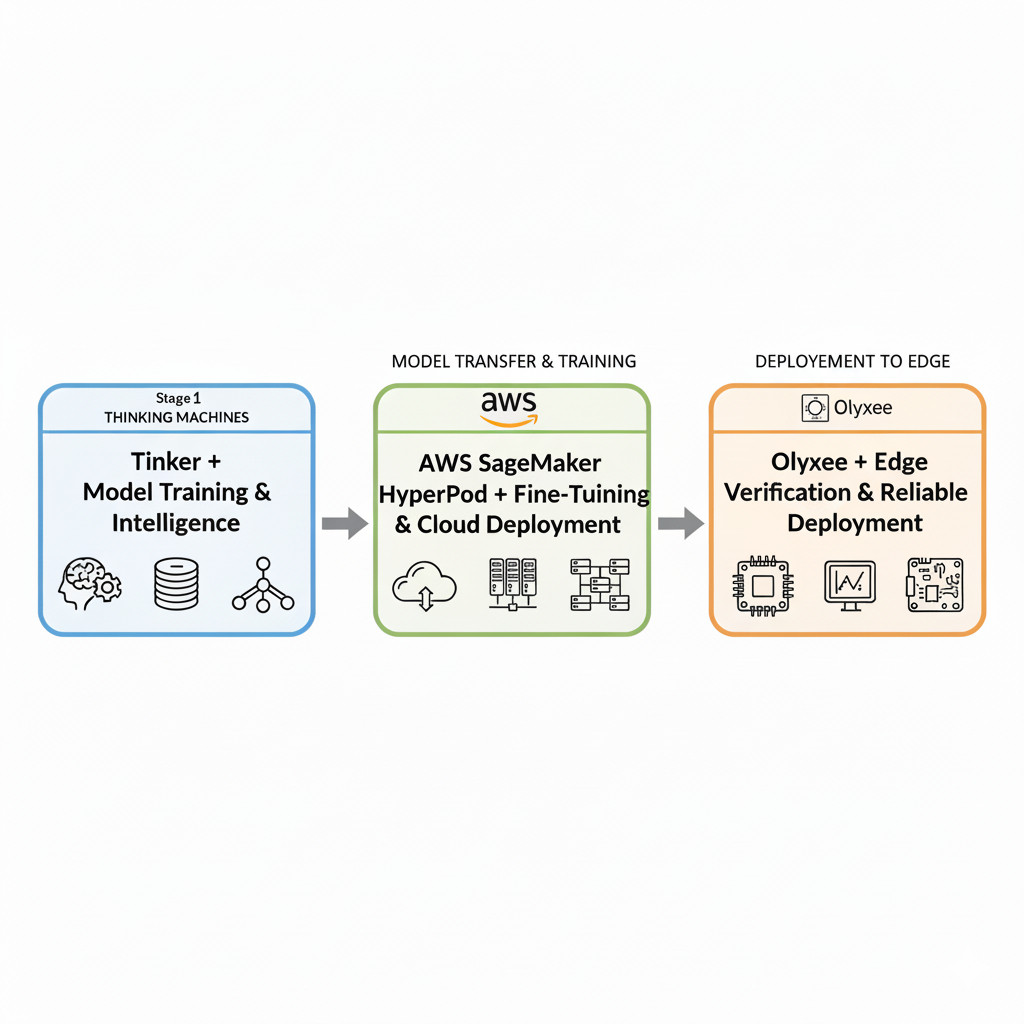 Diagram showing Olyxee's position in the AI infrastructure stack, sitting between model development and production deployment
