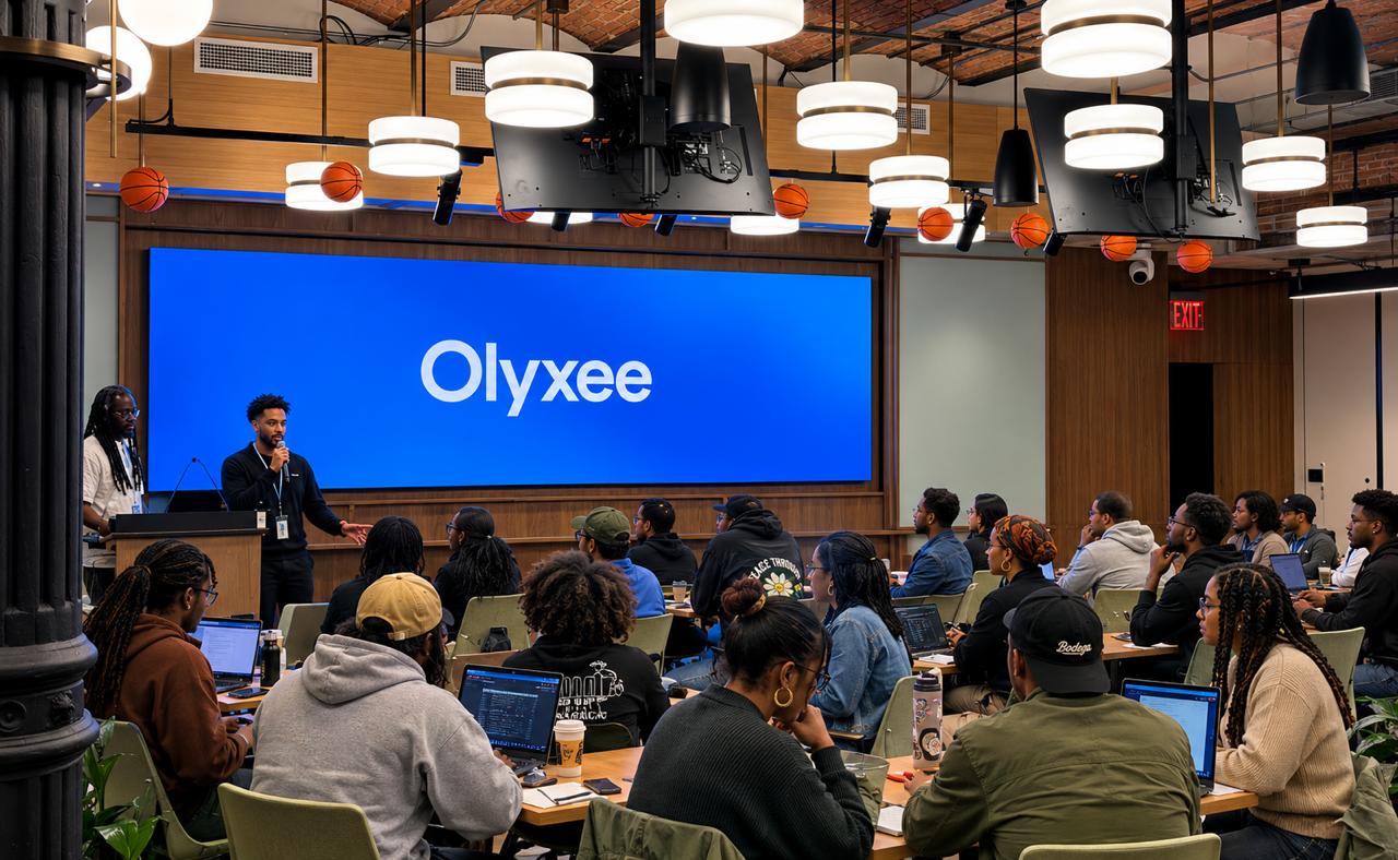 An Olyxee presentation with an audience seated in front of the stage.
